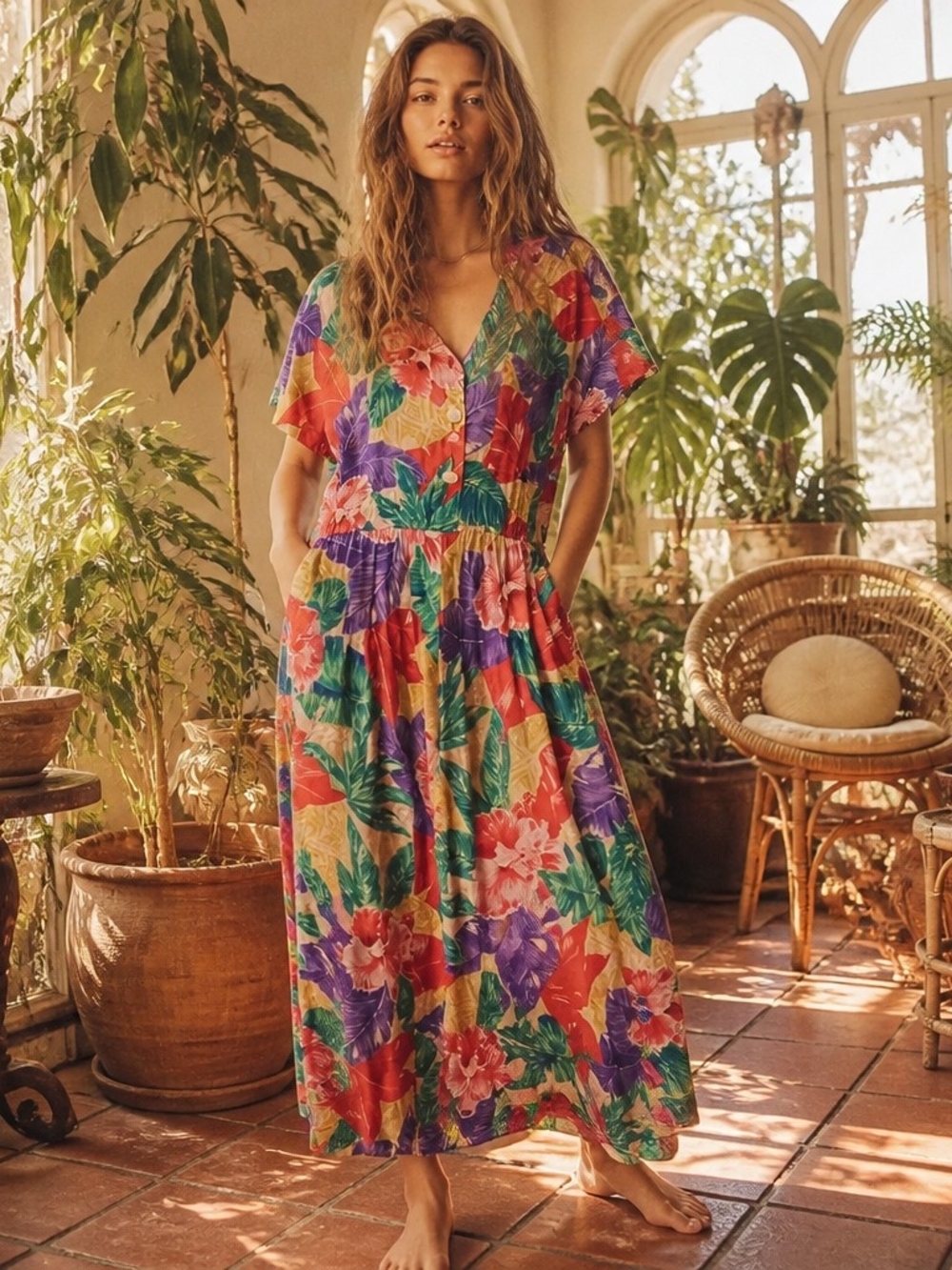 Tropical Floral V-Neck Maxi Dress - Multicolor Vintage